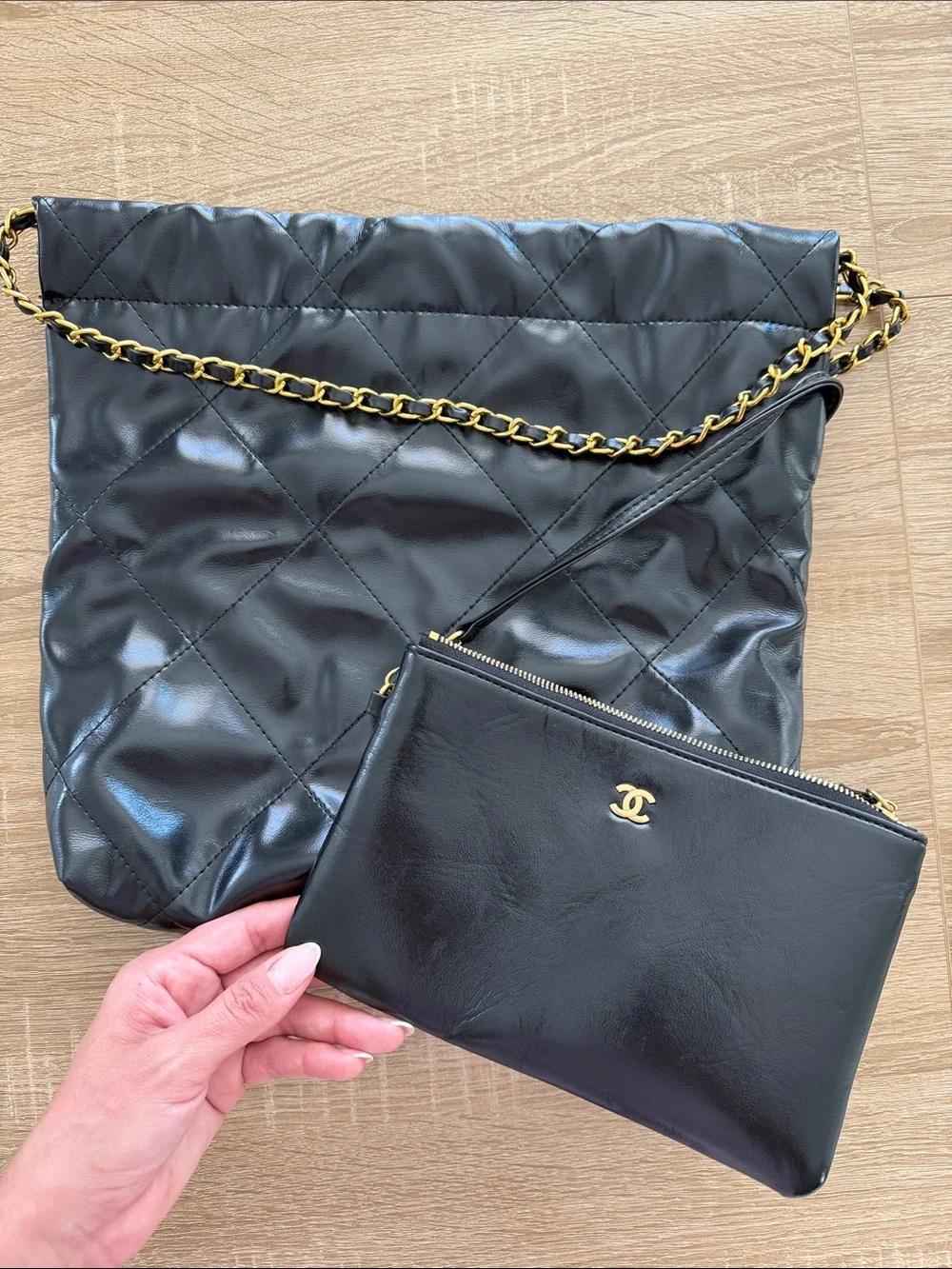CHANEL Black Quilted Leather Tote with Gold Chain Strap and Pouch - Picture 4 of 4